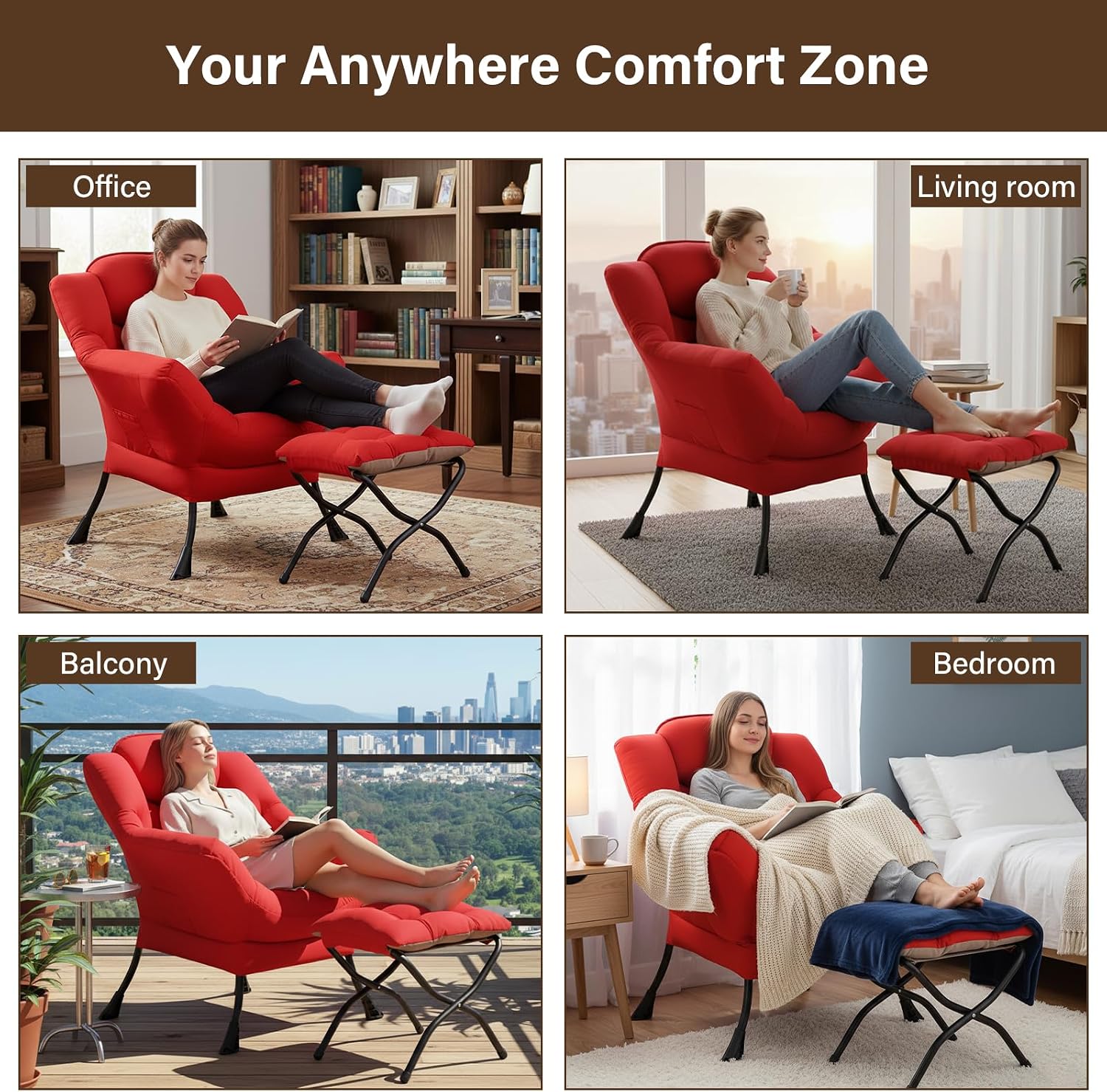 Welnow Lazy Chair with Ottoman, Modern Accent Chair with Armrests and a Side Pocket, Leisure Sofa Armchair Set, Reading Armchair with Footrest for Small Space, Red