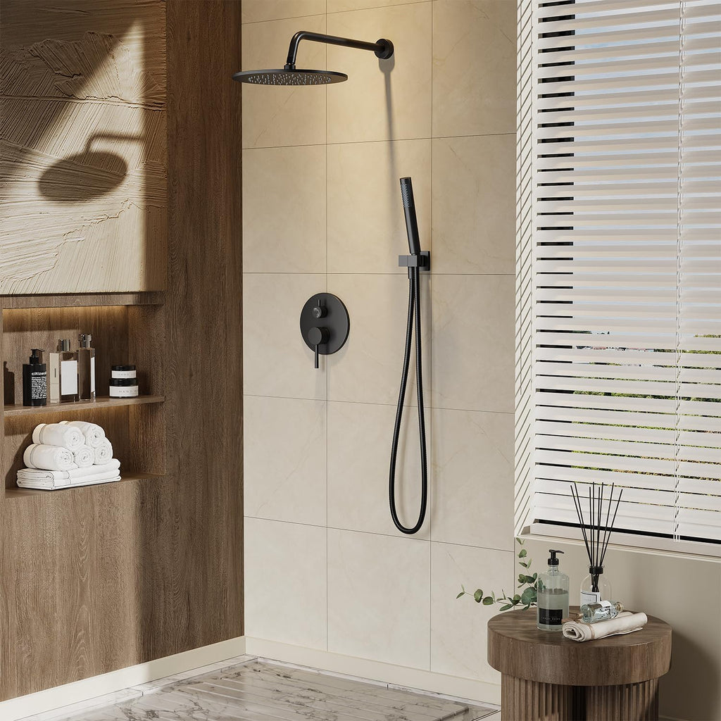 Gabrylly Black Shower Faucet Set, Wall Mounted System with Shower Valve, High Pressure 10' Rain Shower head with Handheld Spray Combo, 2 Way Rainfall Shower Fixtures, Matte Black