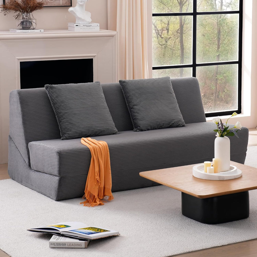 Folding Sofa Bed, Convertible Sleeper Chair with Pillows, High Support Memory Foam & Soft Corduroy Fbric, Comfy Couch Bed, Floor Loveseat Couch for Living Room, Apartment, Guest Room,Grey