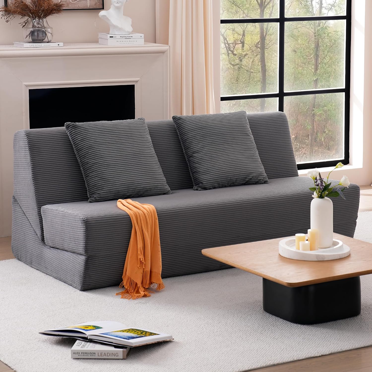 Folding Sofa Bed, Convertible Sleeper Chair with Pillows, High Support Memory Foam & Soft Corduroy Fbric, Comfy Couch Bed, Floor Loveseat Couch for Living Room, Apartment, Guest Room,Grey