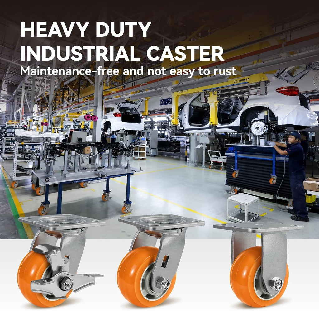 4' Casters, Heavy Duty Industrial Caster Wheels, Crowned Tread Aluminum Core Thickened Polyurethane Casters Set of 4 with Load 3200lbs Capacity, Wheels for Cart Toolbox (4 Swivel)