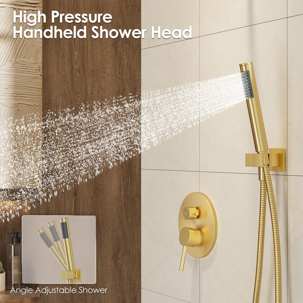 Gabrylly Brushed Gold Shower System with Rough-in Valve, 10 Inch Wall Mounted High Pressure Rainfall Shower Head with Handheld Combo, Luxury All Metal Bathroom Shower Faucet Fixtures Complete Set