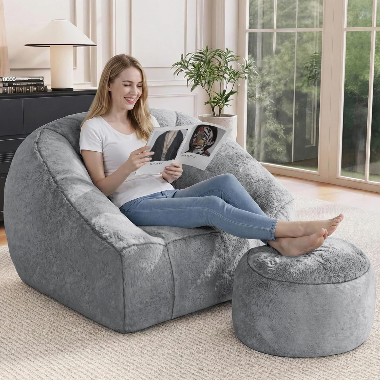 Bean Bag Chairs with Ottoman for Adults, Comfy Beanbag Chair with High-Resilience Foam, Oversized Bean Bag Sofa with Soft Faux Fur Fabric, Bean Bag Chair for Living Room,Bedroom,Dark Grey