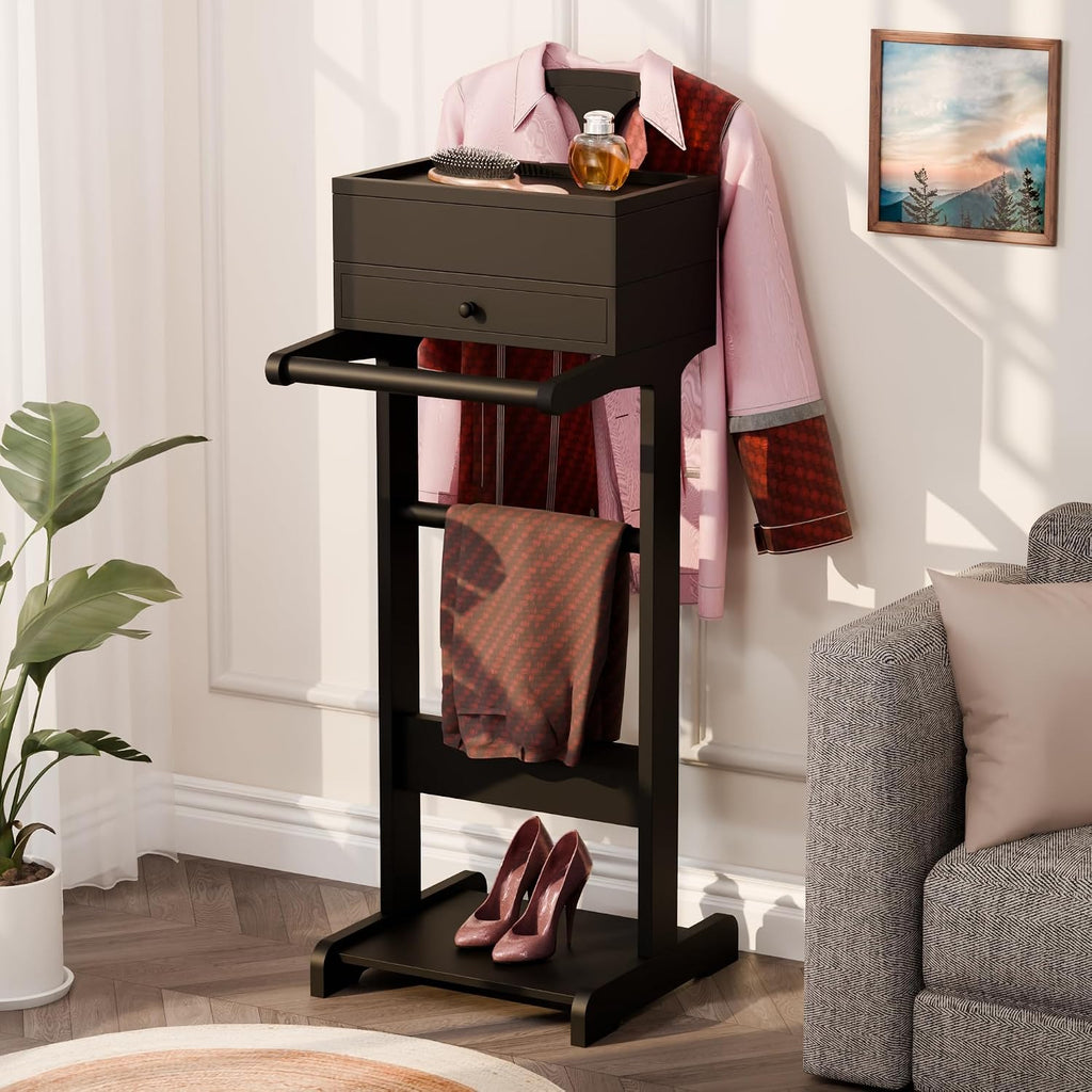 Mens Valet Stand with Drawer & Tray, Wooden Suit Valet Stand for Men Women Modern