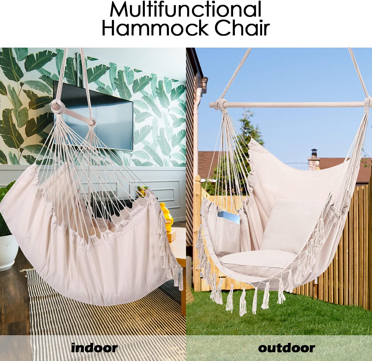 ZLX Hammock Chair Hanging Rope Swing with Hardware Kit and 2 Cushions, Handmade Macrame Hanging Chair for Bedroom Patio Yard Garden, Max 330 Lbs, Beige