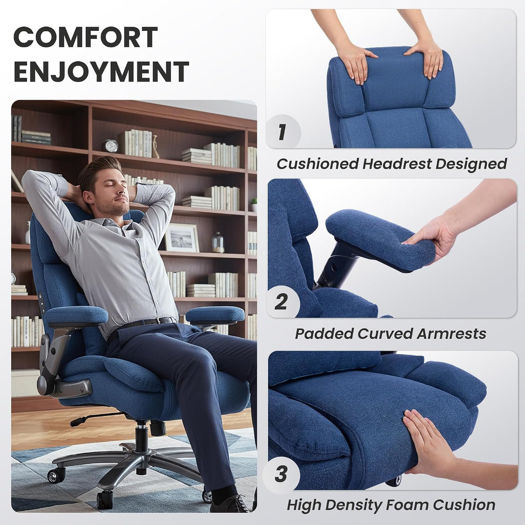 750lbs Heavy Duty Desk Chair with 3D Kneading Massage, Big and Tall Office Chairs with Ergonomic Support, 3D Armrests, 5 Quiet Dual Rubber Wheel, Thick Pocket Spring Cushion(Blue, Fabric)