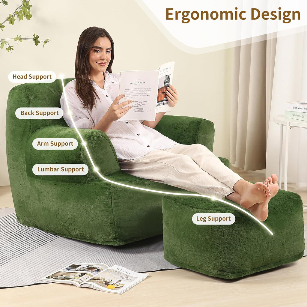MOMCAYWEX Comfy Gaint Bean Bag Chair with Ottoman, Huge Bean Bag Armchair for Adults and Teens, Green