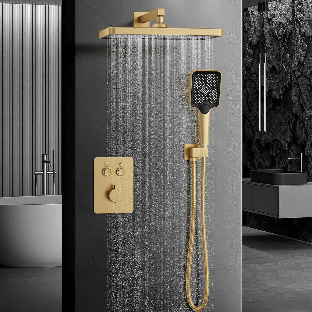 Iriber Thermostatic Shower System Wall Mount with Adjustable Water Flow Push Button Diverter,13 Inch Gold Rectangle Rainfall Shower Head and Handheld,Brushed Gold