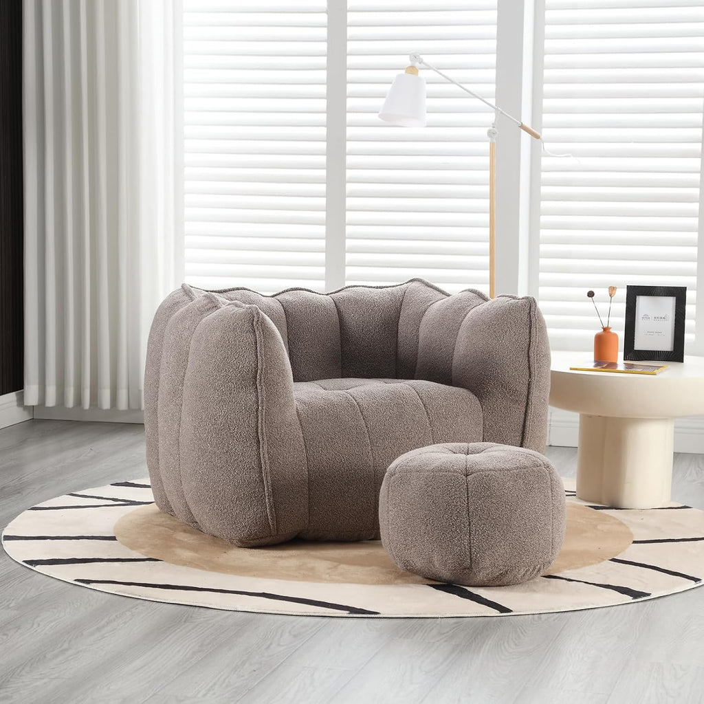 Giant Bean Bag Chair with Ottoman, Oversized Beanbag Chair for Adults, Comfy Floor Sofa Chair with Foam Filler, Pumpkin Lazy Lounger for Living Room, Game Room, Reading Corner, Chenille Taupe Brown