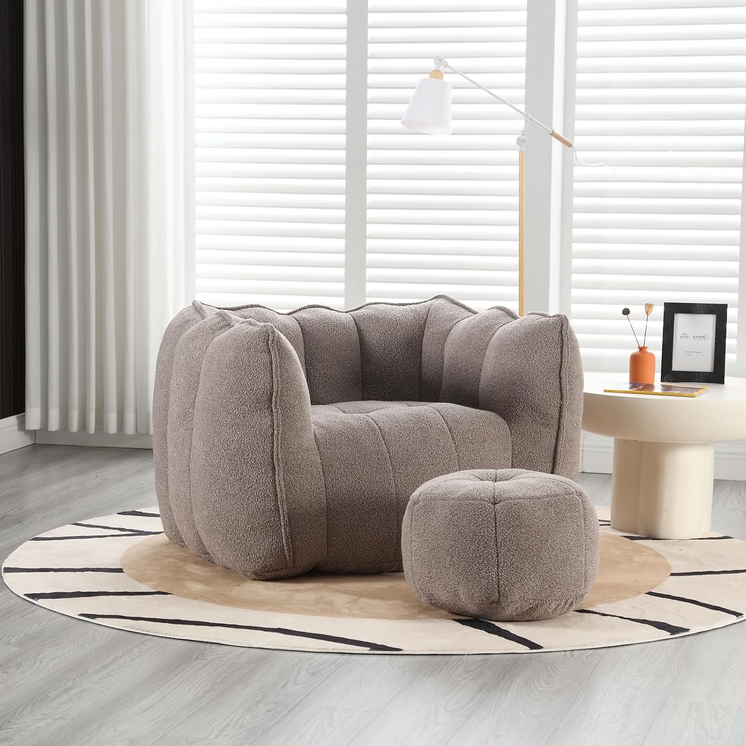 Giant Bean Bag Chair with Ottoman, Oversized Beanbag Chair for Adults, Comfy Floor Sofa Chair with Foam Filler, Pumpkin Lazy Lounger for Living Room, Game Room, Reading Corner, Chenille Taupe Brown