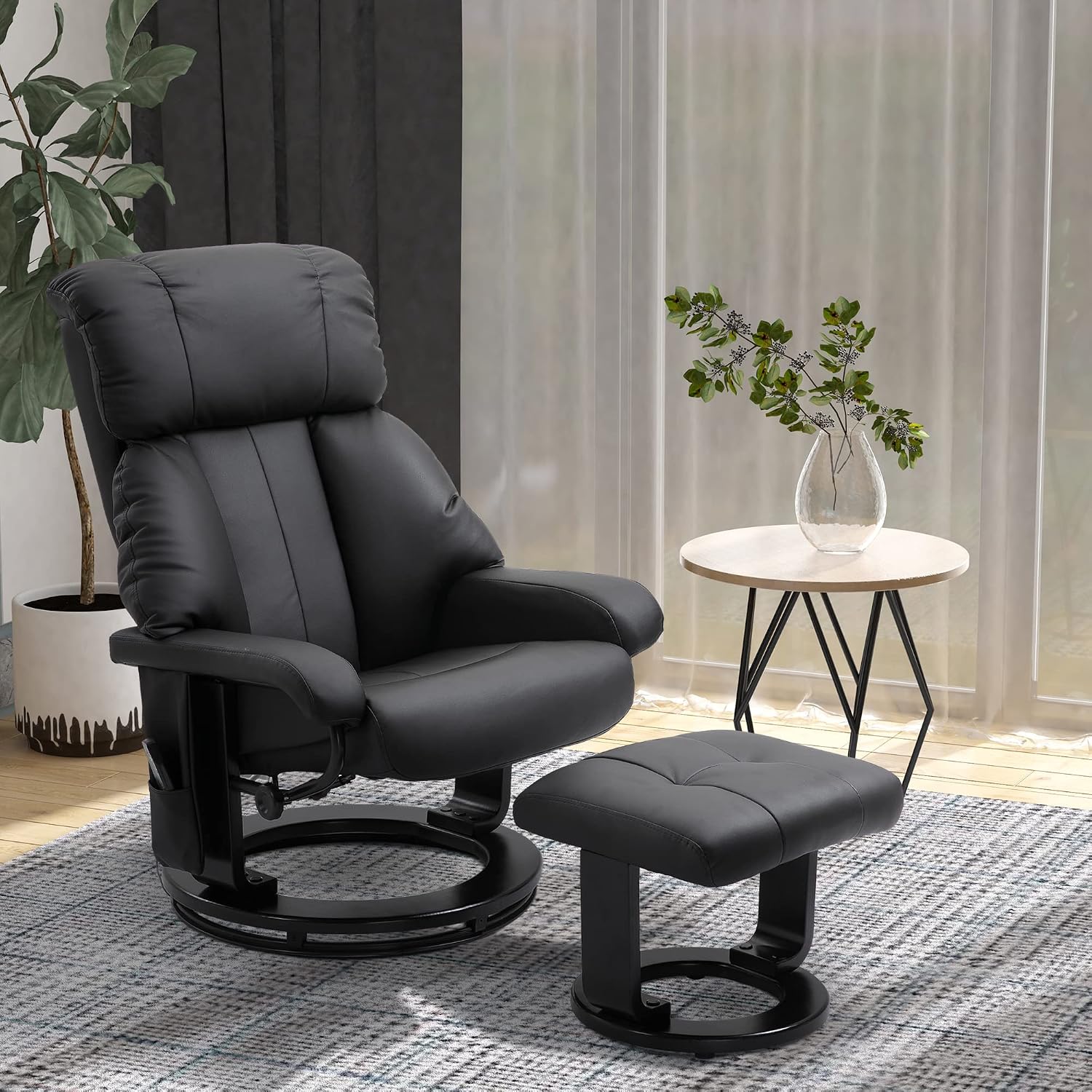 HOMCOM Massage Recliner Chair with Ottoman, 360° Swivel Recliner and Footstool, 10 Point Vibration, PU Leather Reclining Chair with Side Pocket and Remote Control, Black