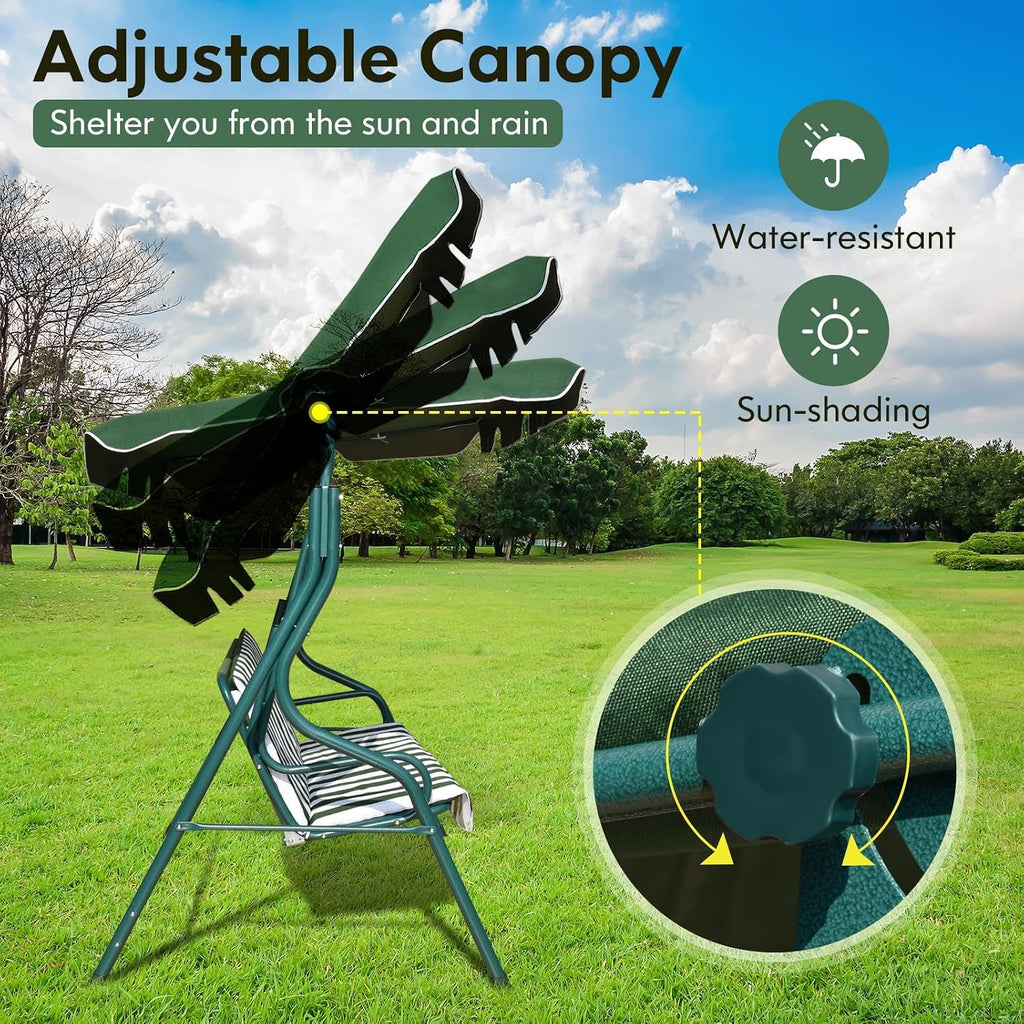 DREAMADE Porch Swing Outdoor, 3 Person Patio Swing w/Removable Cushion, Stand & Adjustable Canopy, Heavy Duty Swing Chair for Patio, Garden, Courtyard, Poolside