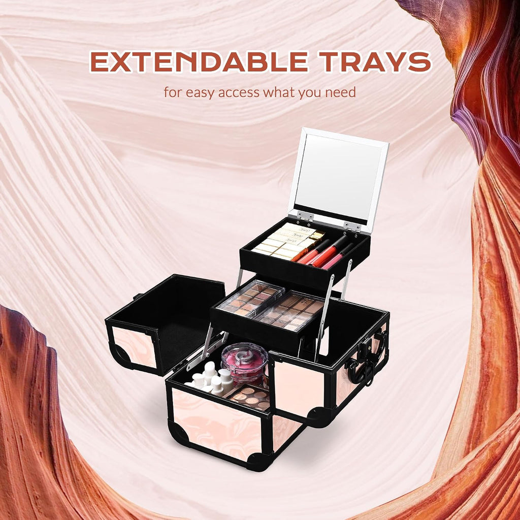BYOOTIQUE Rolling Makeup Train Case Trolley w/Cube Case Cosmetic Organizer Pink