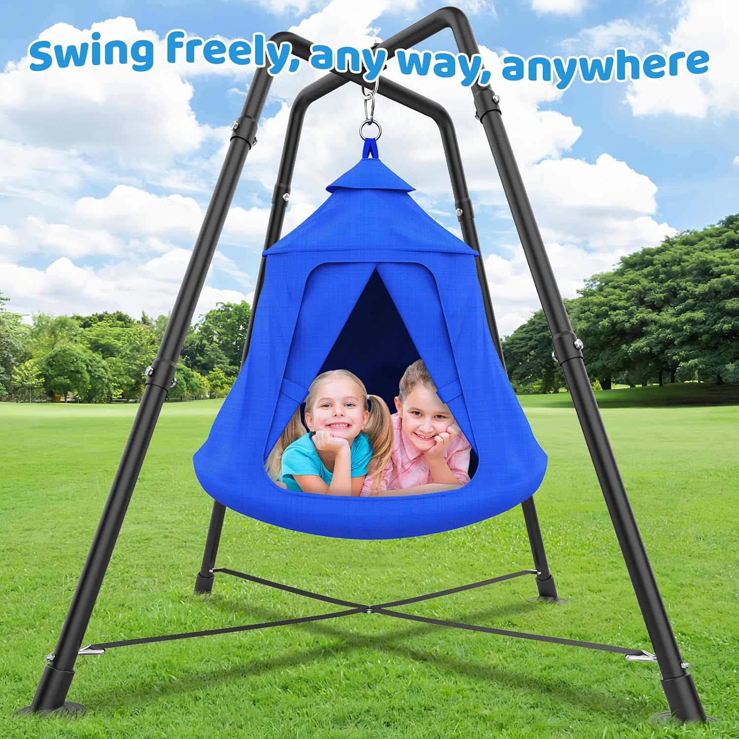 Swing Set with Tent Swing, X-Shaped Swing Frame with Sensory Swing, Tent Swing with Swing Stand, Hammock Chair with Stand, 330 lbs Capacity, w/Rainbow Lights String, Indoor/Outdoor Use(Blue)
