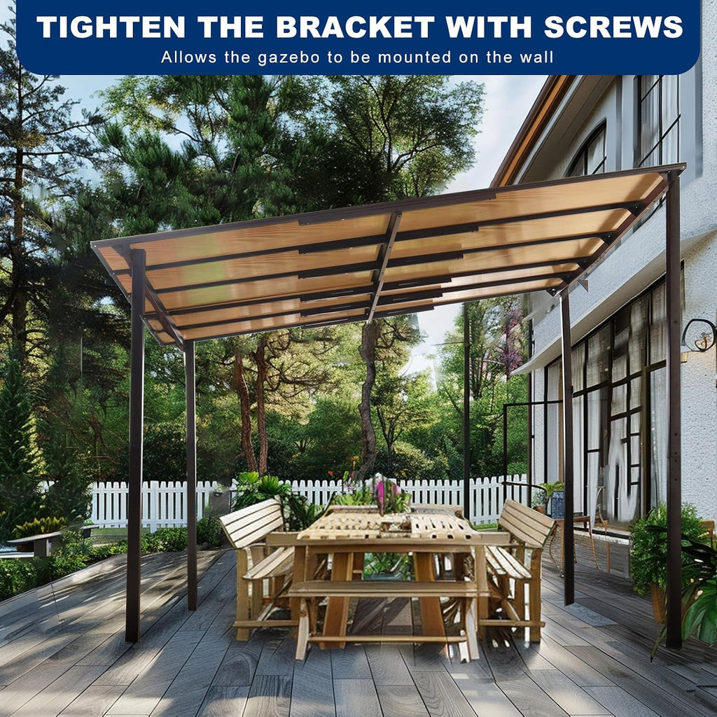 KEIKI 10x10 FT Outdoor Metal Flexible Top Lean to Gazebo Pergola with Sloped Roof, Heavy Duty Wall-Mounted Patio Awnings with Powder-Coated Steel Frame, for Lawn, Garden, Backyard and Deck, Grey