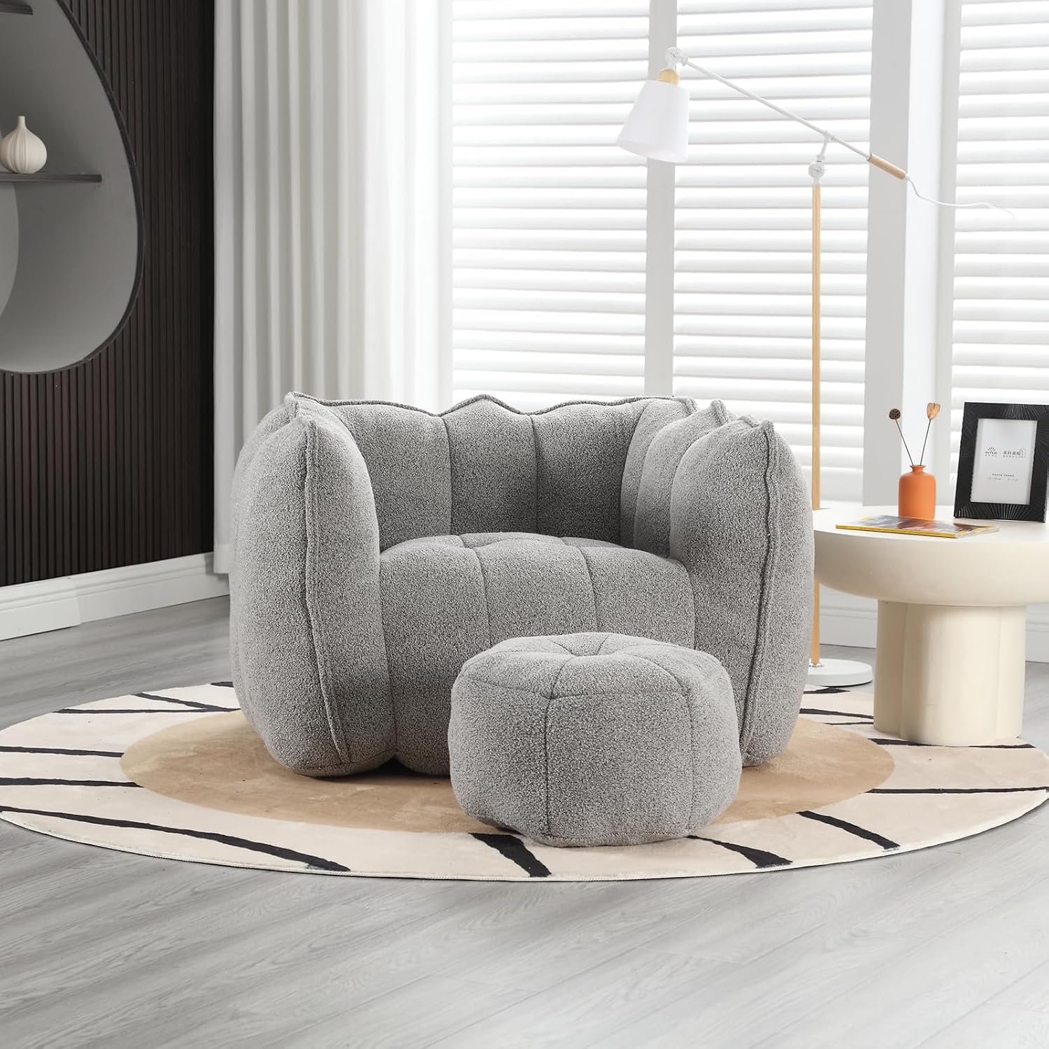Giant Bean Bag Chair with Ottoman, Oversized Beanbag Chair for Adults, Comfy Floor Sofa Chair with Foam Filler, Pumpkin Lazy Lounger for Living Room, Game Room, Reading Corner, Chenille Grey