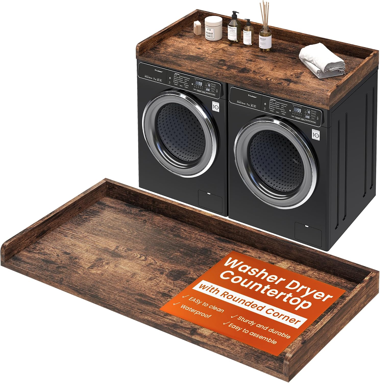 Washer Dryer Countertop, 27.5'x54' Wood Washer and Dryer Countertop with 2.95' Edge Rails, Laundry Machine Topper with Rounded Corner for Laundry Room Organization and Storage, Brown