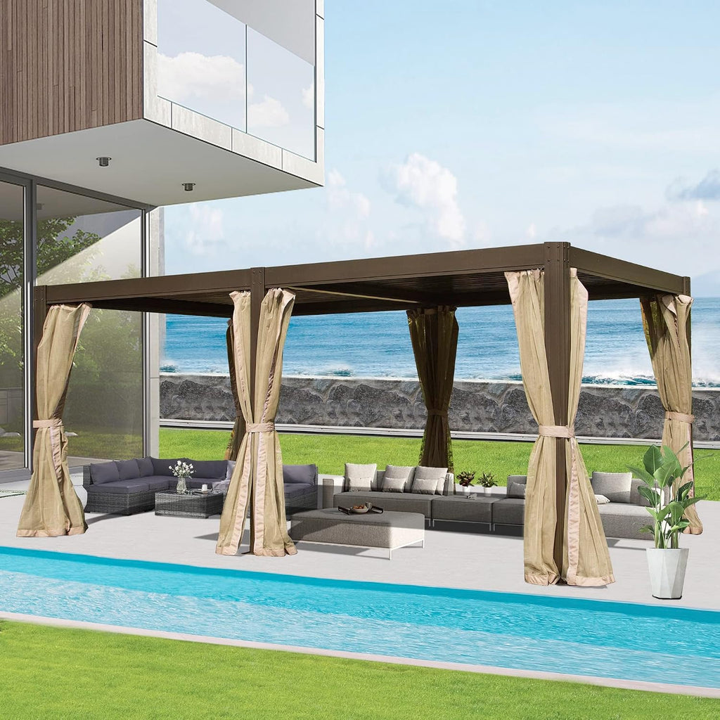 Domi Outdoor Pergola 12' x 20' Aluminum Louvered Pergola with Adjustable Roof and Mosquito Netting for Patio, Backyard, Deck, Garden, Brown