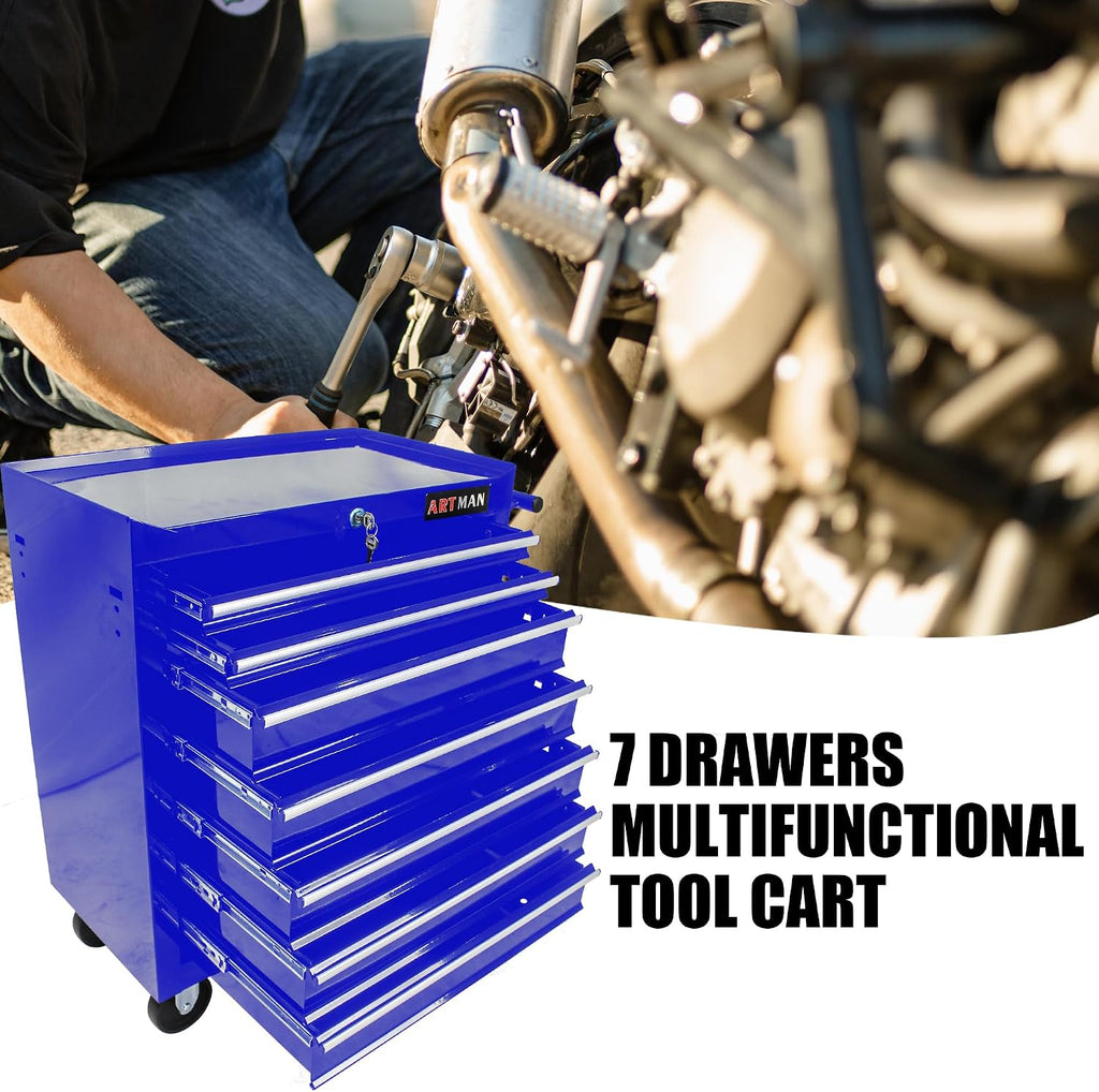 7-Drawers Multifunctional Tool Boxes on Wheels, Lockable 4' Casters Tool Cart Cabinet, Powder-coated Steel Rolling Tool Chest with Key for Garage, Warehouse, Repair Shop, 231LBS Capacity - Blue