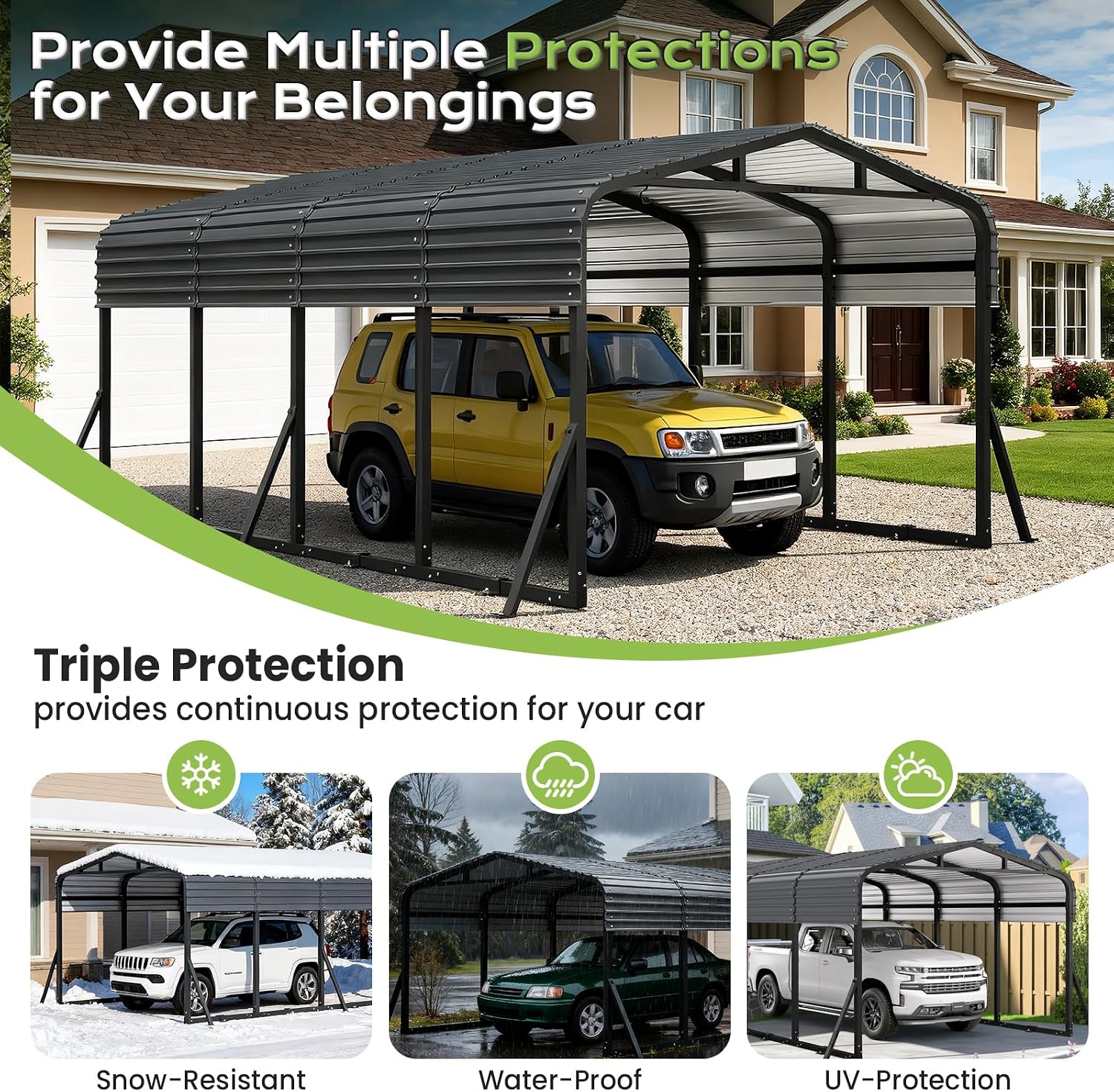 Jocoevol 12x20FT Metal Carport, Heavy Duty Car Garage w/Reinforced Support Rods and Windproof Ground Anchors, All-Weather Multi-Use Outdoor Shelter for Car, Boats and Truck