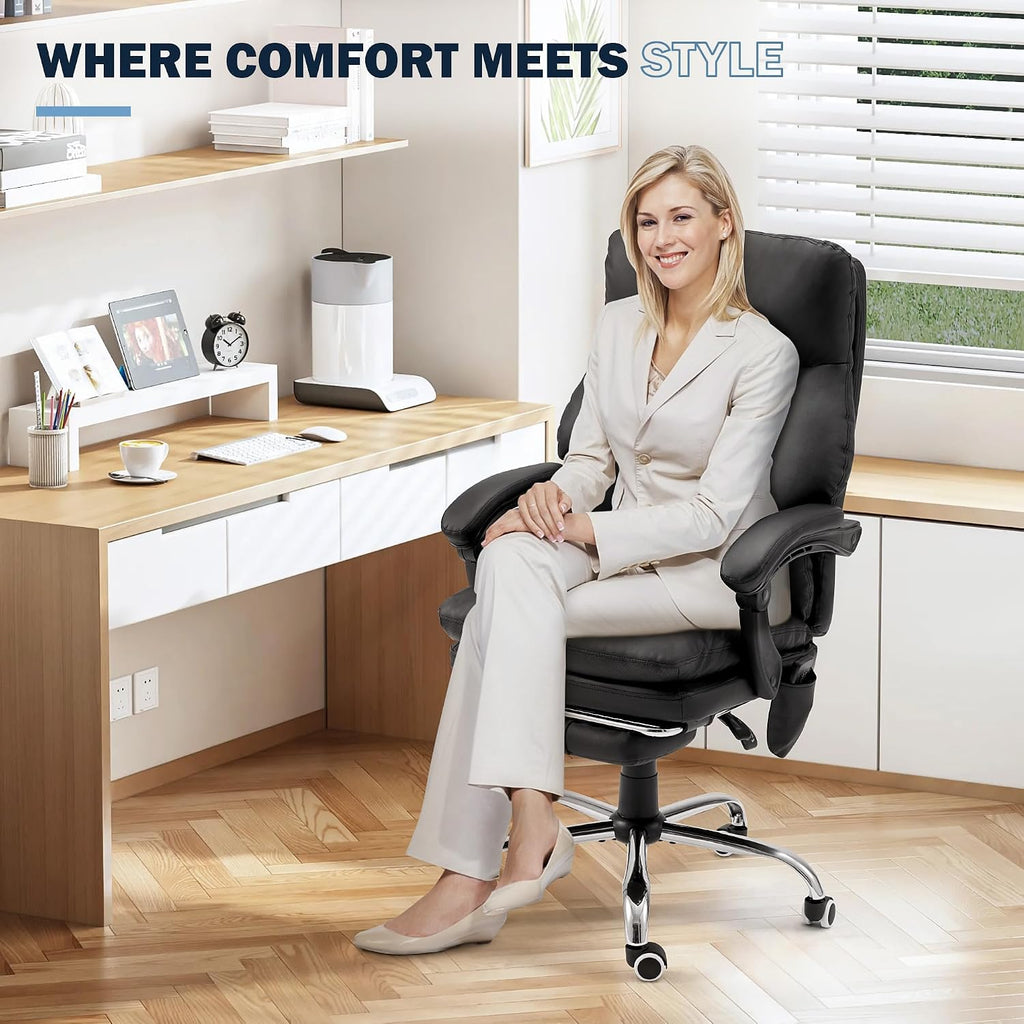 HOMREST Ergonomic Office Chair with 6-Point Massage & Heating, Adjustable Executive Desk Chairs with Retractable Footrest, PU Leather Home Office Desk Chair for Home & Office (Black)