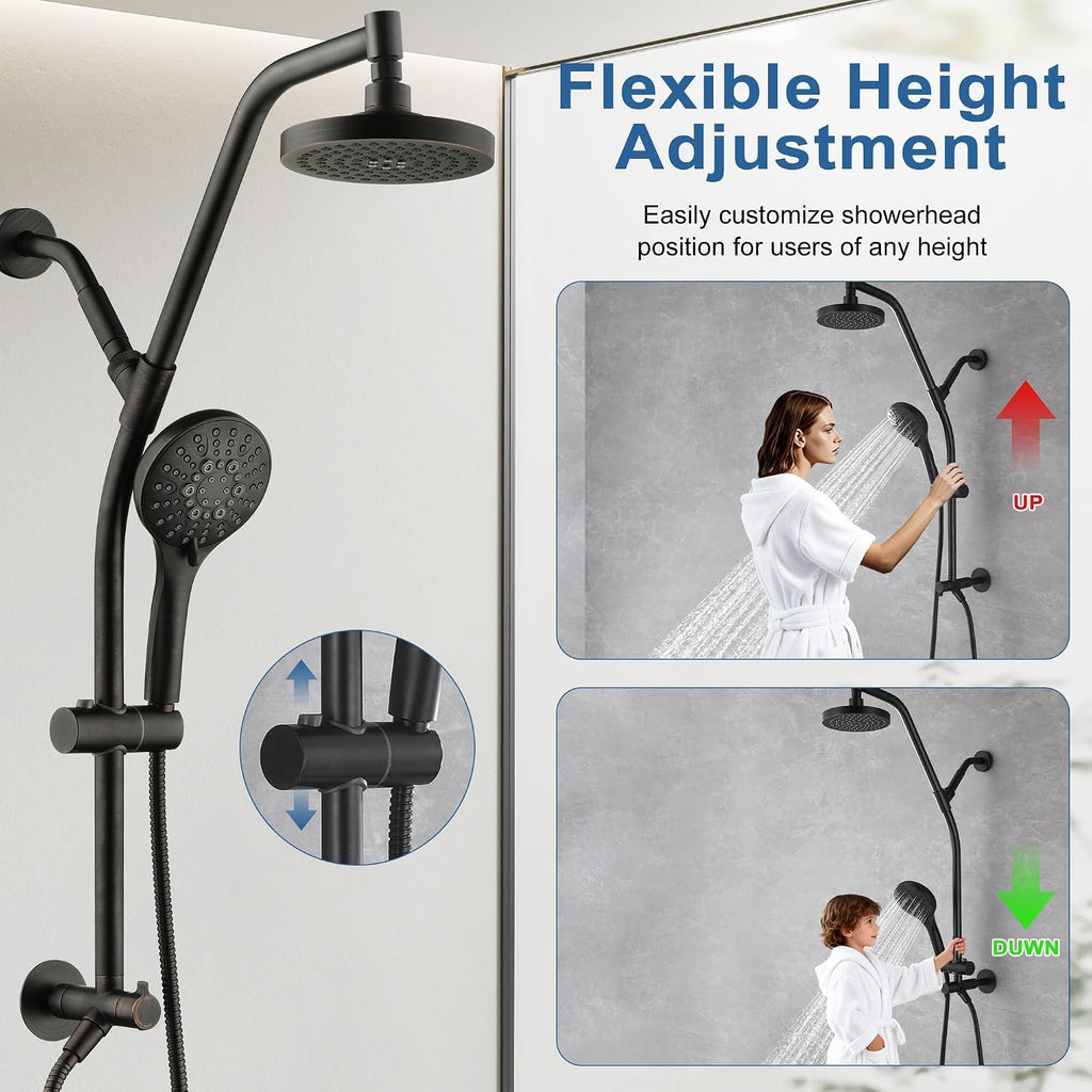 BRIGHT SHOWERS Rain Shower Head with Handheld Combo, Dual Shower System with Slide Bar, Adjustable Height, Brass Slide Bar & Diverter, 60 Inch Stainless Steel Hose, Oil Rubbed Bronze