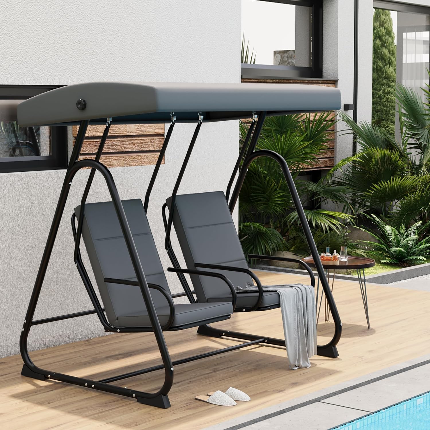 GarveeLife 2 Person Porch Swing Chair, Heavy Duty Outdoor Patio Swing Glider with Adjustable Canopy & Removable Cushions, Independent Swing Chairs for Garden, Balcony, Poolside, Backyard, Dark Grey