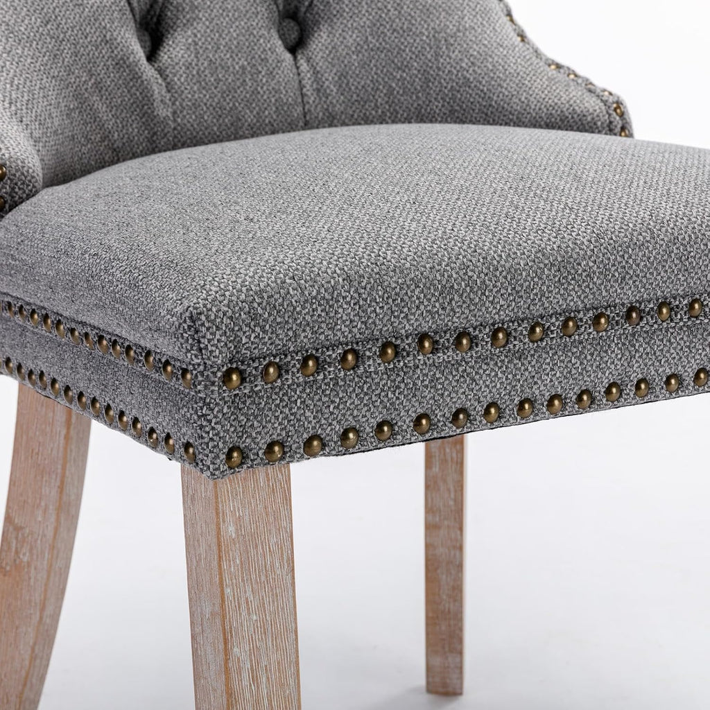 Ball & Cast Contemporary Upholstered Dining Chairs Set of 2, Button Tufted Kitchen Side-Chairs with Hang Ring & Nailhead Trims & Solid Wood Legs, 2-Piece Backrest Traditional Chair, Linen Gray