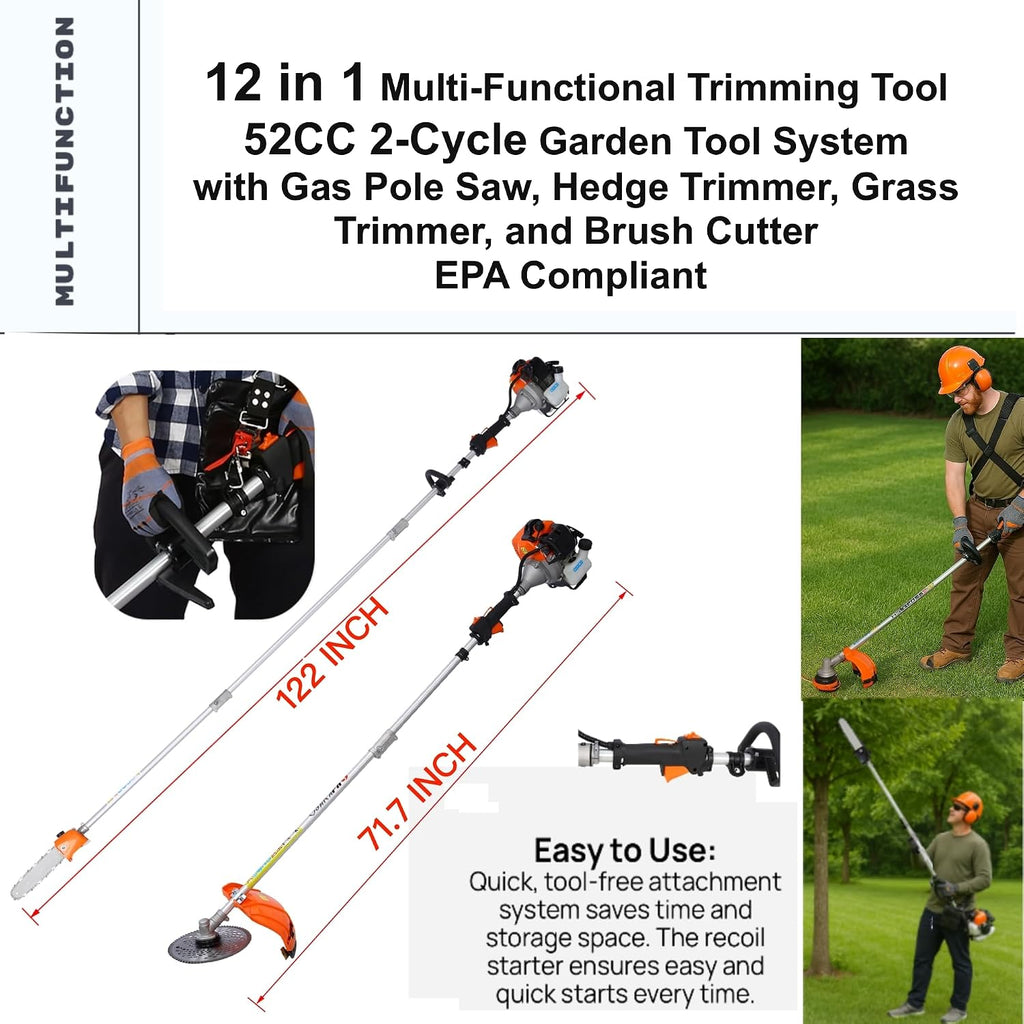 52cc 2-Cycle Gas Multi-Trimmer | 12-in-1 String Trimmer w/Rotatable 40' Pole Saw, Weed Eater Weed Wacker, Brush Cutter & Hedge Trimmer Gas for Lawn, Yard, Garden Care, All-in-one Garden Tool