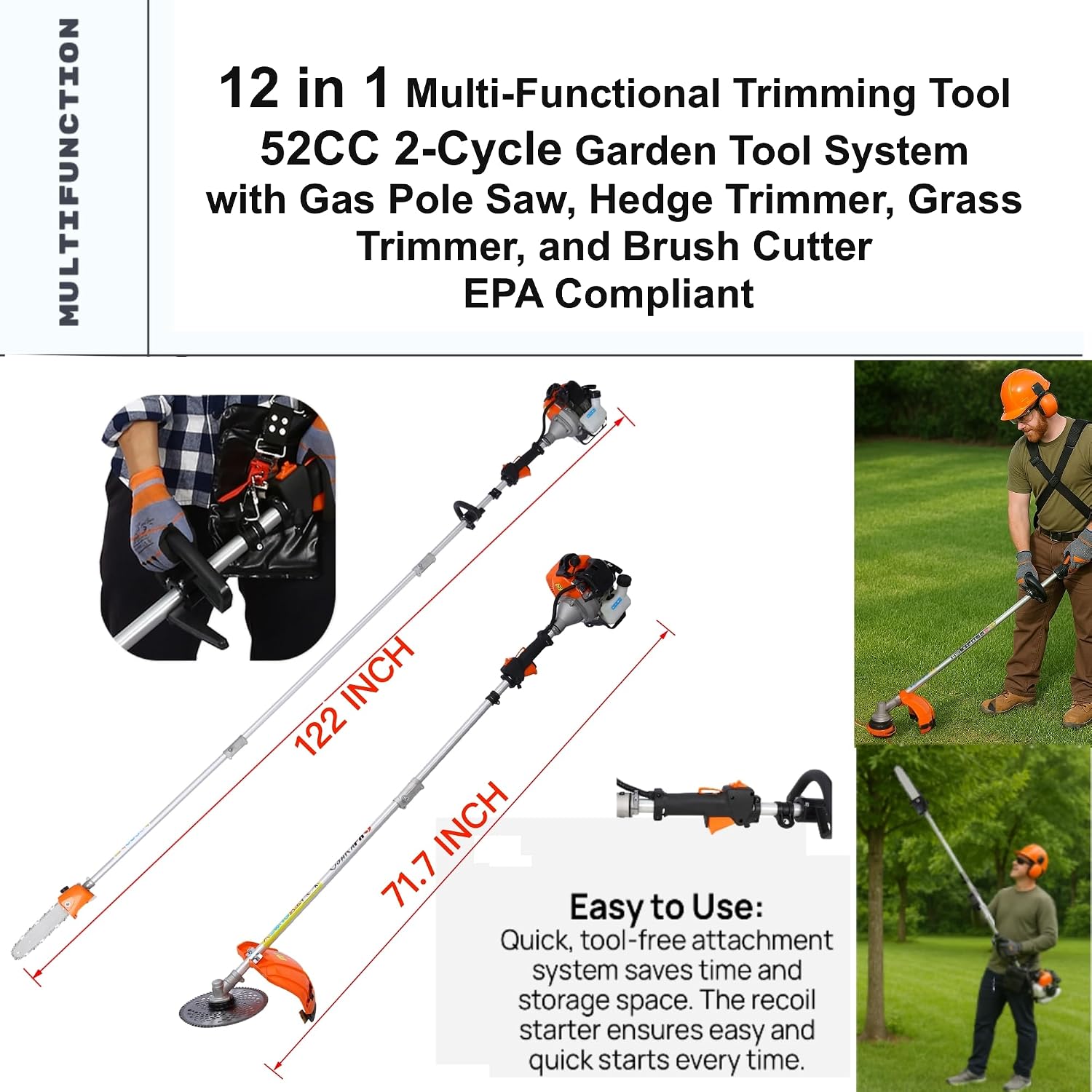 52cc 2-Cycle Gas Multi-Trimmer | 12-in-1 String Trimmer w/Rotatable 40' Pole Saw, Weed Eater Weed Wacker, Brush Cutter & Hedge Trimmer Gas for Lawn, Yard, Garden Care, All-in-one Garden Tool
