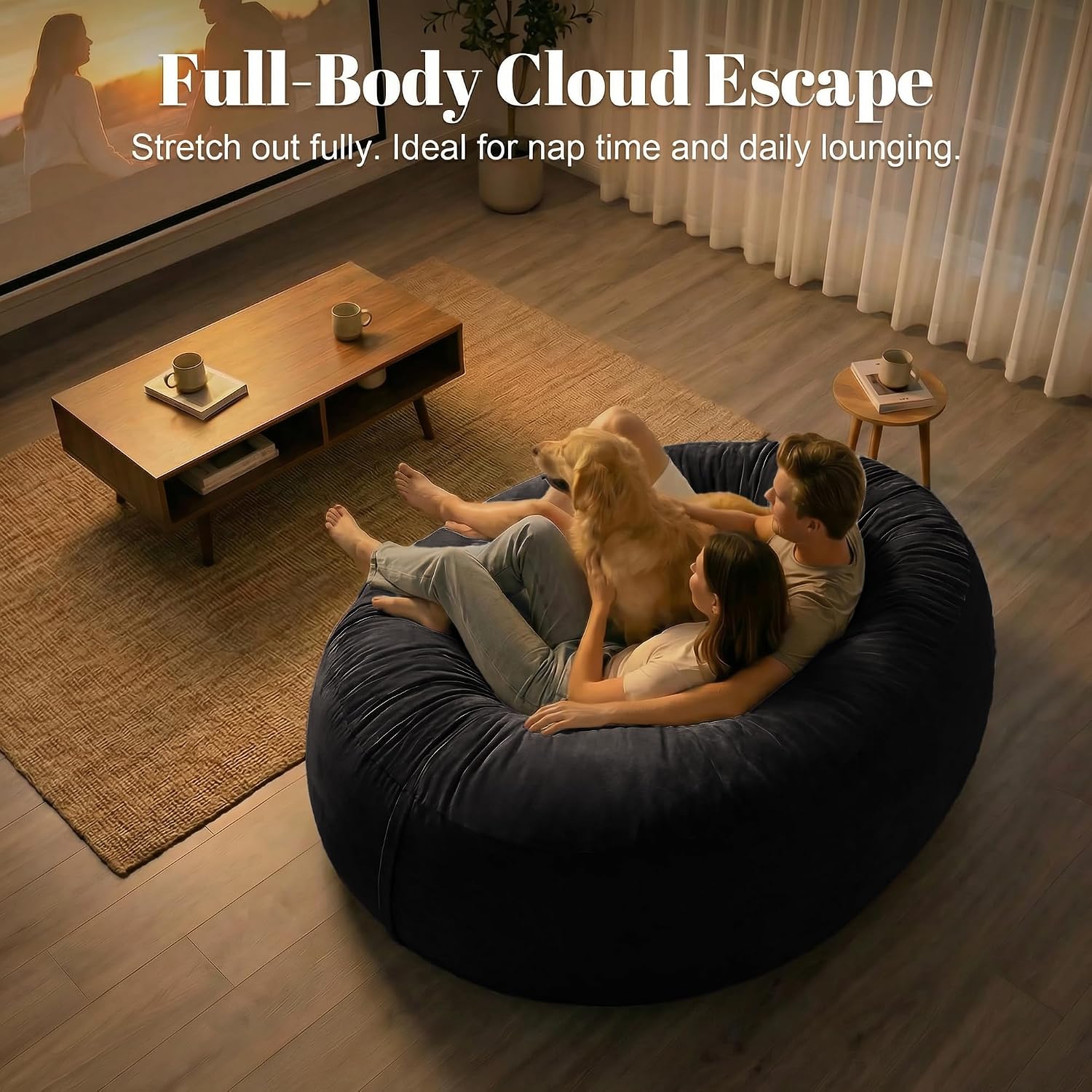 Codi 6FT Bean Bag Chair for Adults – Oversized Foam Floor Lounger with Washable Cover – Comfy Seating for Living Room, Dorm, or Media Room – Black