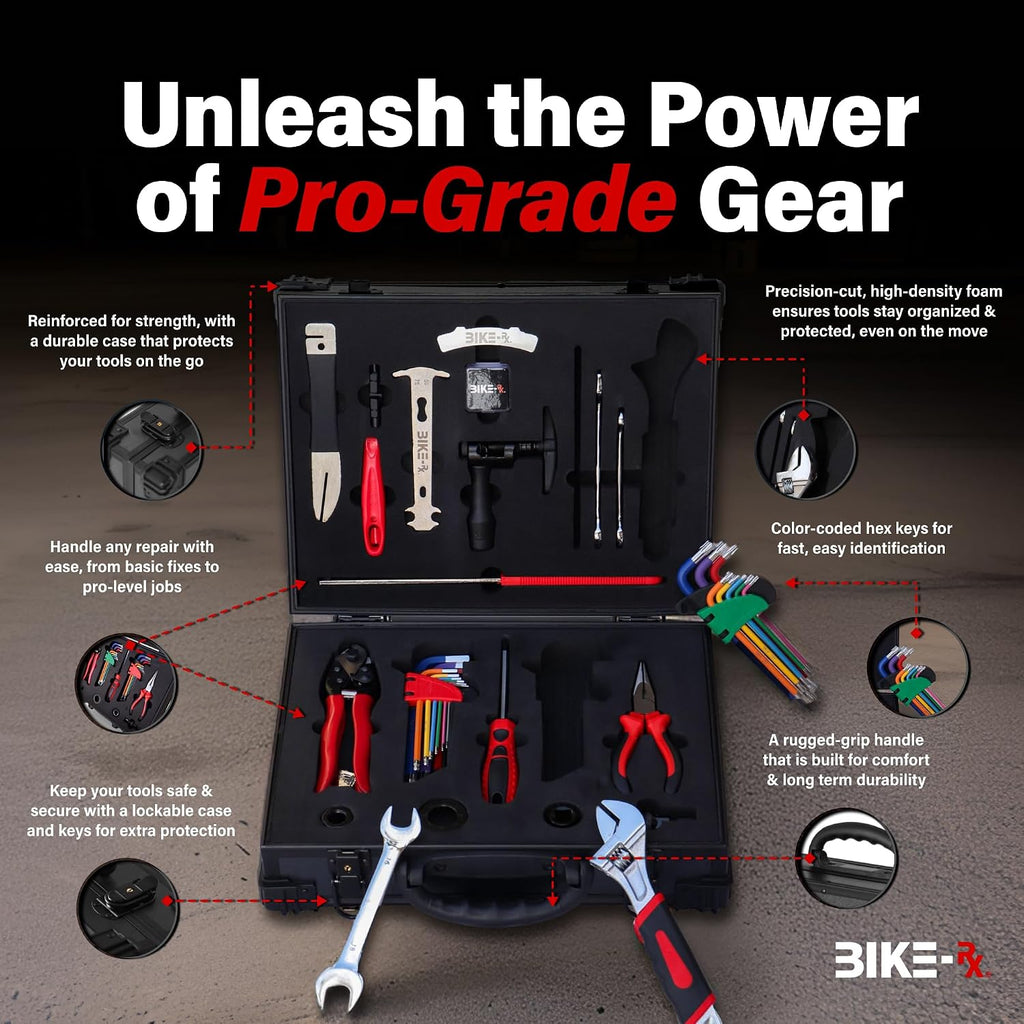 Elite 37-Piece Bike Tool Kit – Bicycle Repair & Maintenance Set for Mountain, Road, BMX & E-Bikes, w/Chain Breaker, Tire Repair Tools & Locking Hard Case