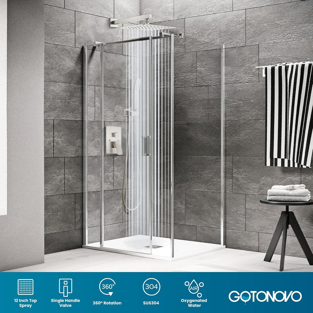 gotonovo Rainfall Bathroom Shower System Rain Shower Head and Handle Set Wall Mounted Shower Complete Combo Solid Brass Pressure Balancing Shower Mixer Valve 12 Inch Brushed Nickel