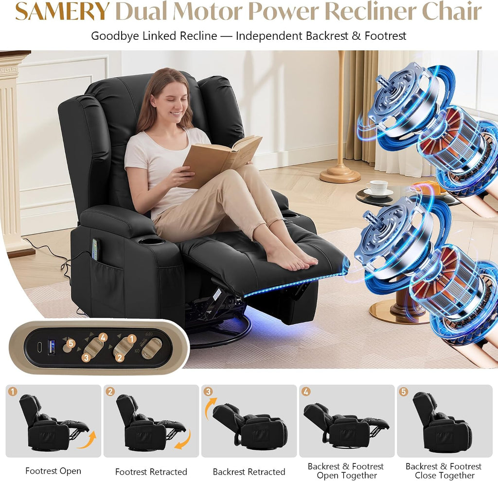 Power Swivel Rocker Recliner Chair for Adults, Dual-Motor Power Recliner with Independent Back & Footrest, Massage & Heat, 3-Sided Lights, USB, Cup Holder, Glider Rocking Chair for Living Room, Black