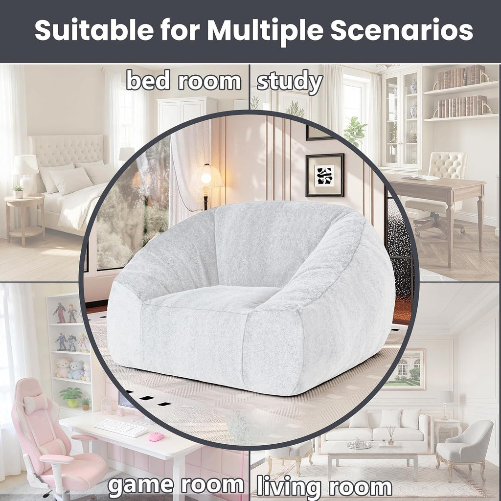 Bean Bag Chairs for Adults, Giant Beanbag Sofa Comfy Reading Chair, Oversized Bean Bag Chairs for Living Room Bedroom, Soft Faux Fur Fabric, 3.2FT, Light Grey, Plush