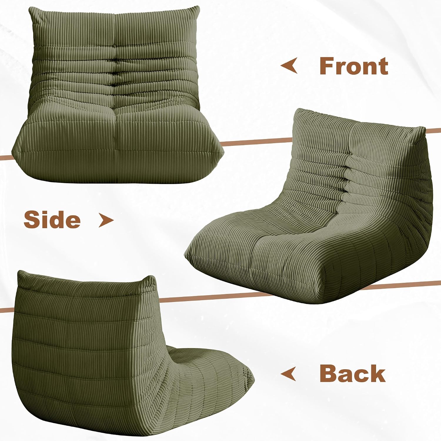 Bean Bag Chair for Adults, Giant Bean Bag Chairs with Lumbar Pillow, Oversized Corduroy Memory Foam Boneless Chair with High-Rebound, Lazy Floor Sofa for Reading Gaming Living Room Bedroom, Green