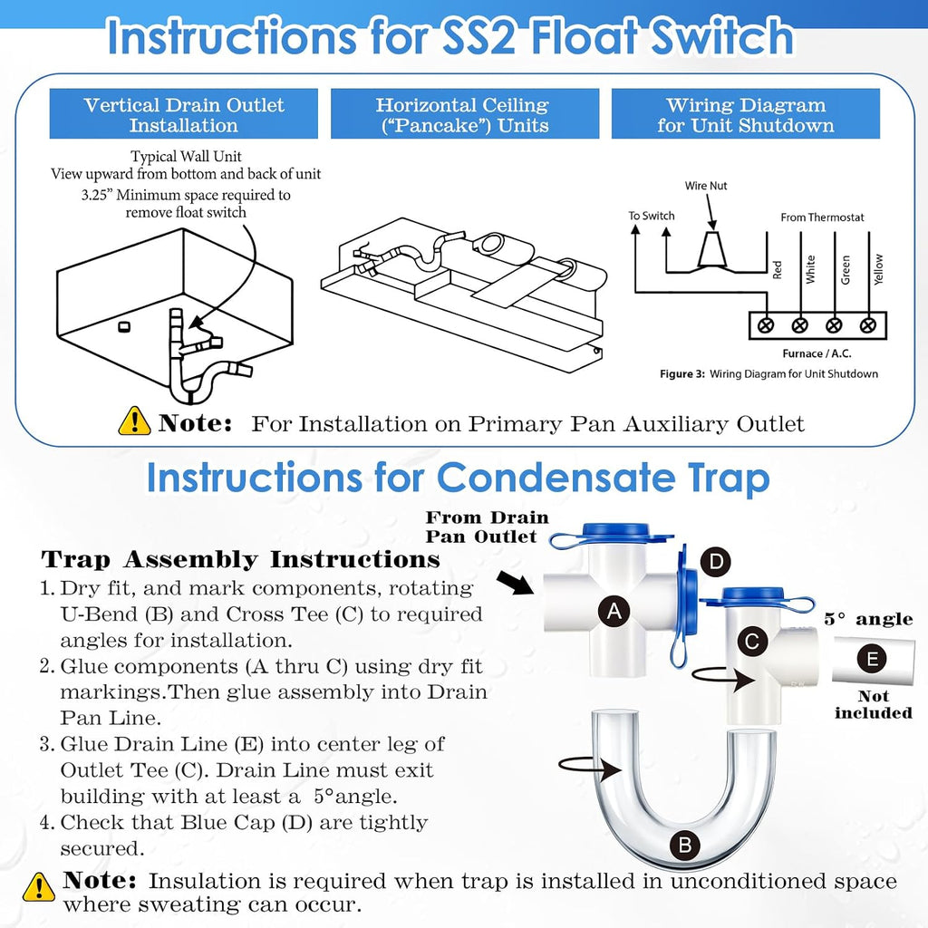 8 Pack 3/4 Inch Standard Condensate Trap with Cleaning Brush and Condensate Overflow Float Switch Compatible with SS2 Combo Kit for HVAC Systems, Air Conditioner