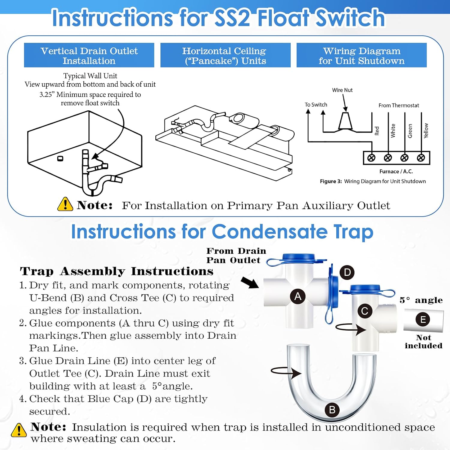8 Pack 3/4 Inch Standard Condensate Trap with Cleaning Brush and Condensate Overflow Float Switch Compatible with SS2 Combo Kit for HVAC Systems, Air Conditioner