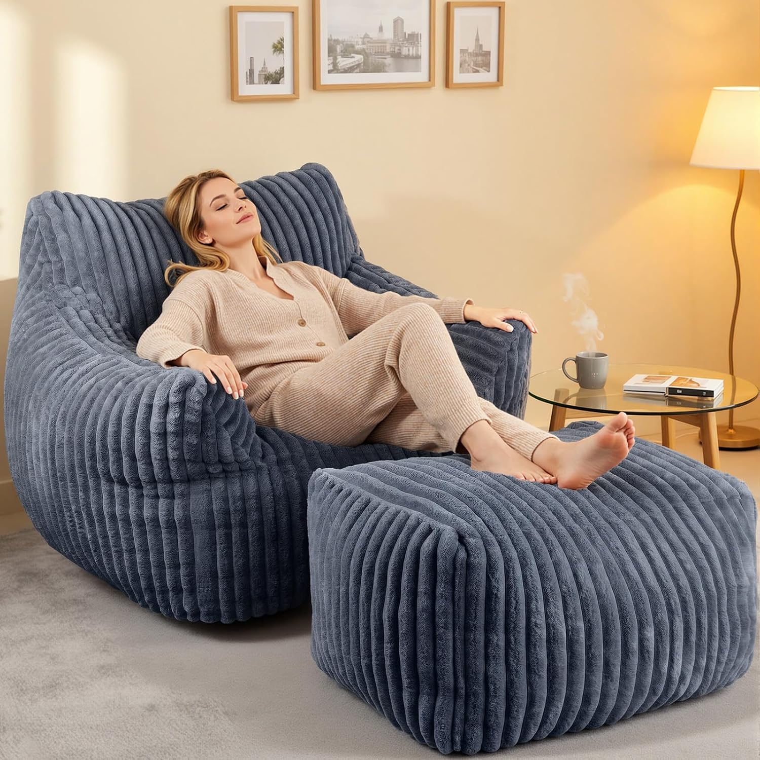 Giant Bean Bag Chair with Ottoman, Oversized Memory Foam Bean Bag Sofa for Adults and Kids, Large Comfy Fluffy Single Lounges Mini Couch for Living Room, Bedroom & Dorm(Gray)