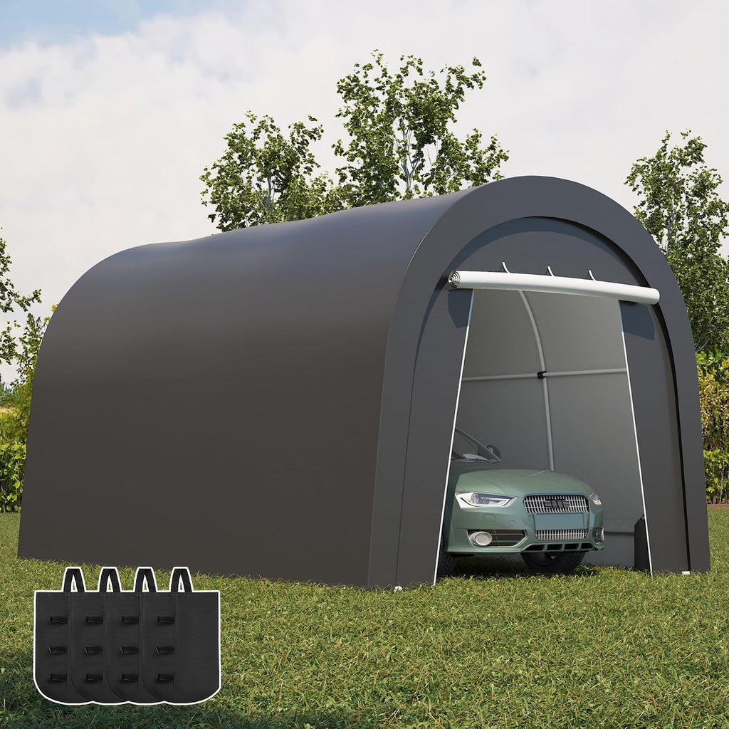FansaFurn Domed Carport with 4 Cloth Bags, Portable Garage with 2 Roll-up Doors, Heavy Duty Car Canopy Party Tent, All-Season Storage Shelter Shed for Cars, Truck, or Garden Tools, 10' x 15'