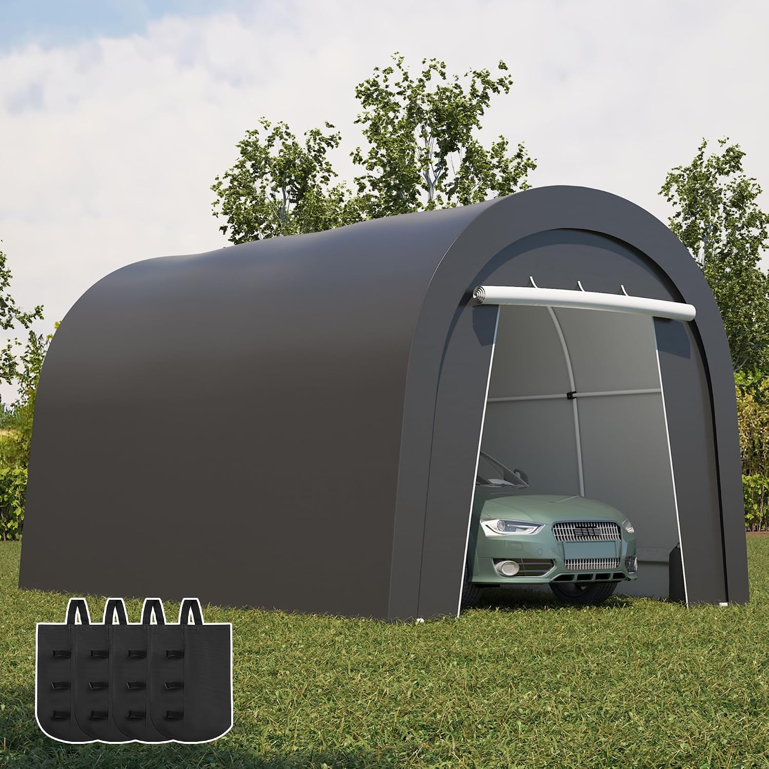 FansaFurn Domed Carport with 4 Cloth Bags, Portable Garage with 2 Roll-up Doors, Heavy Duty Car Canopy Party Tent, All-Season Storage Shelter Shed for Cars, Truck, or Garden Tools, 10' x 15'