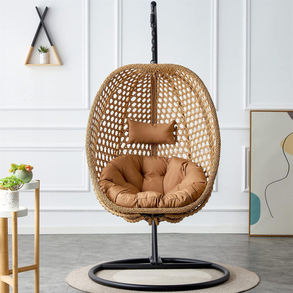 LKTART Egg Swing Chair with Stand Rattan Hanging Egg Chair with Cushions and Pillow Relaxing Chair Foldable Basket & Metal Stand Indoors or Outside