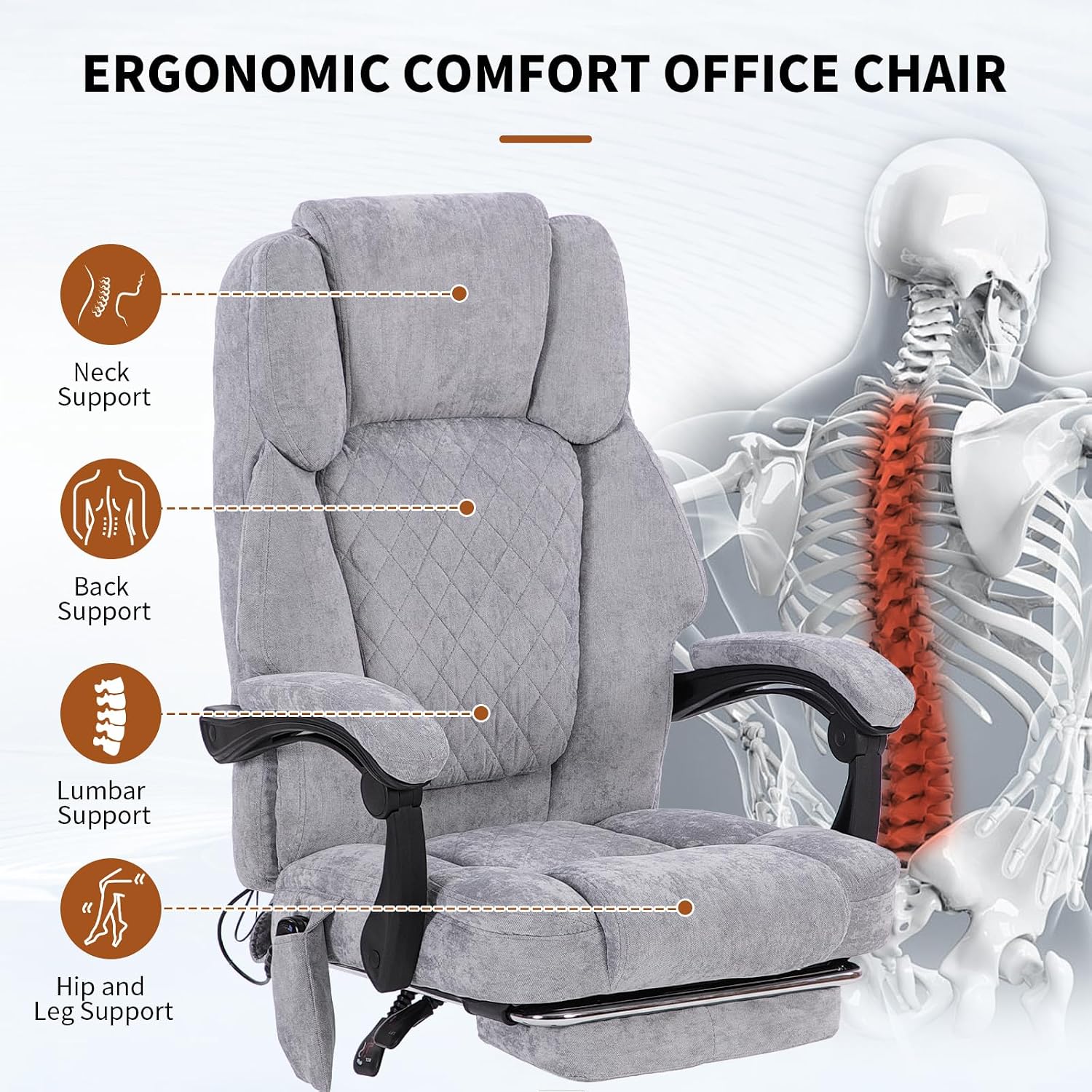 Massage Office Chair with Foot Rest,High Back & Heat 6 Vibration Points, Executive Desk Chair,Big and Tall Office Chair 400lbs, Comfortable Ergonomic Reclining Managerial Chair, Grey