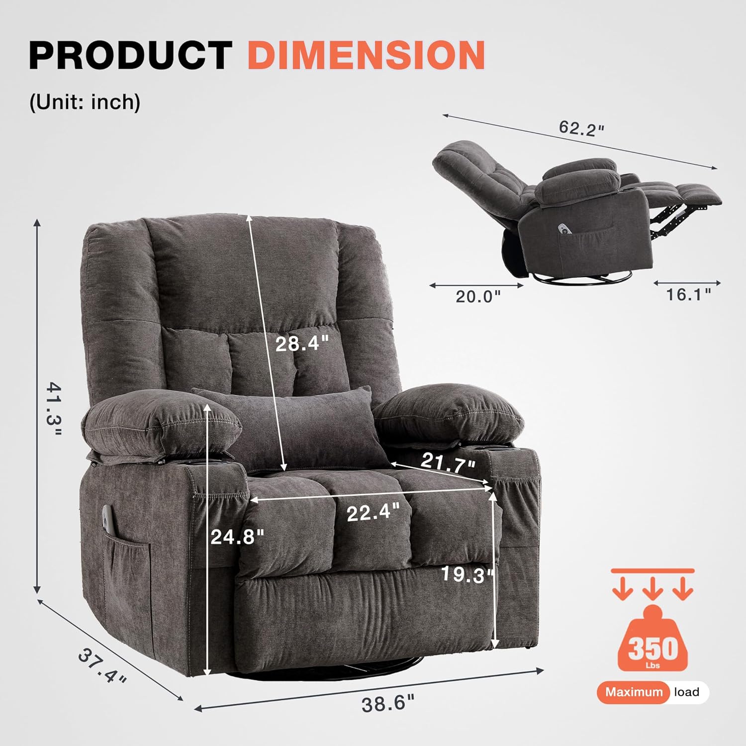 Massage Swivel Recliner Chair with Vibration Massage and Lumbar Heating for Adults,Oversized Rocker Recliner Single Sofa with Side Pocket,Two Cup Holders and USB Charge Port for Living Room