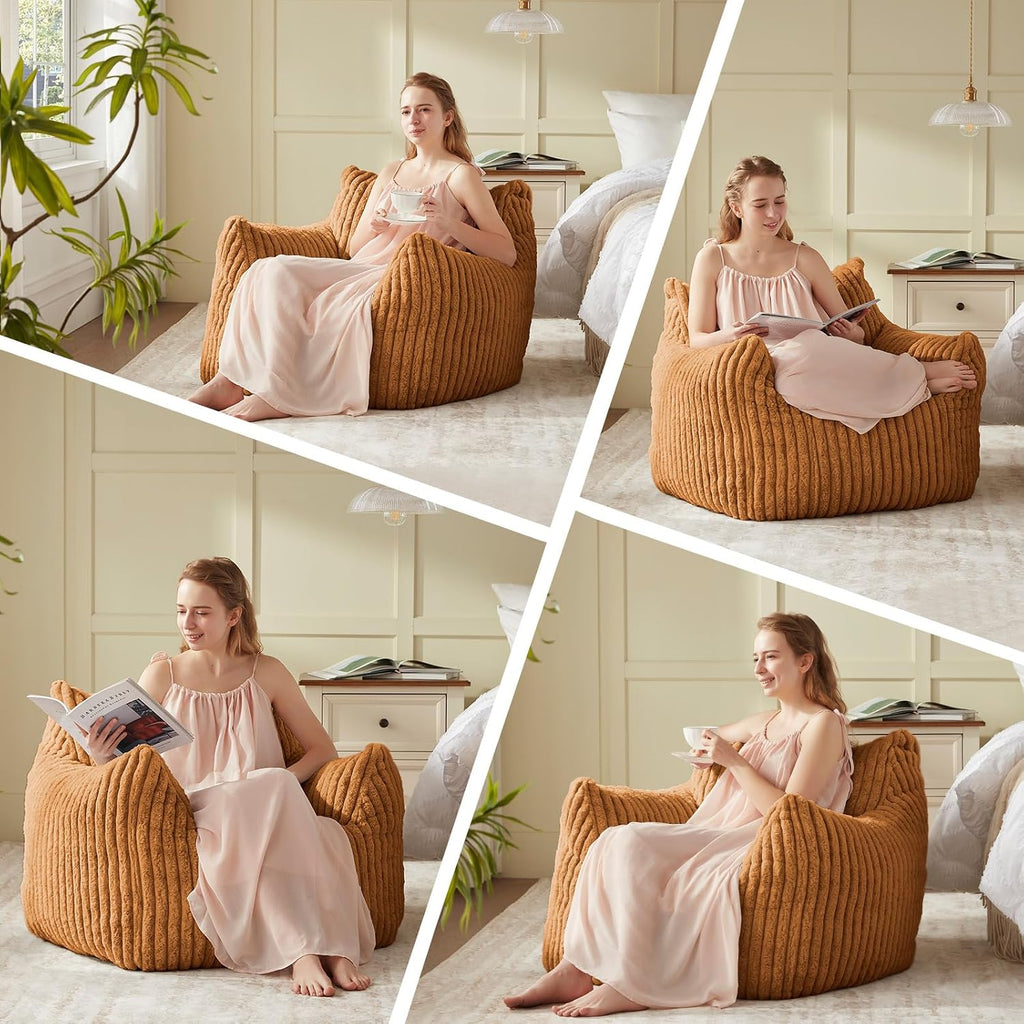 Achicsofar Giant Bean Bag Chairs for Adults Teens, Large Bean Bag Sofa Chairs with Filling Comfy Fuzzy BeanBag Chair with Armrests for Bedroom Living Room Reading (Brown, Medium)