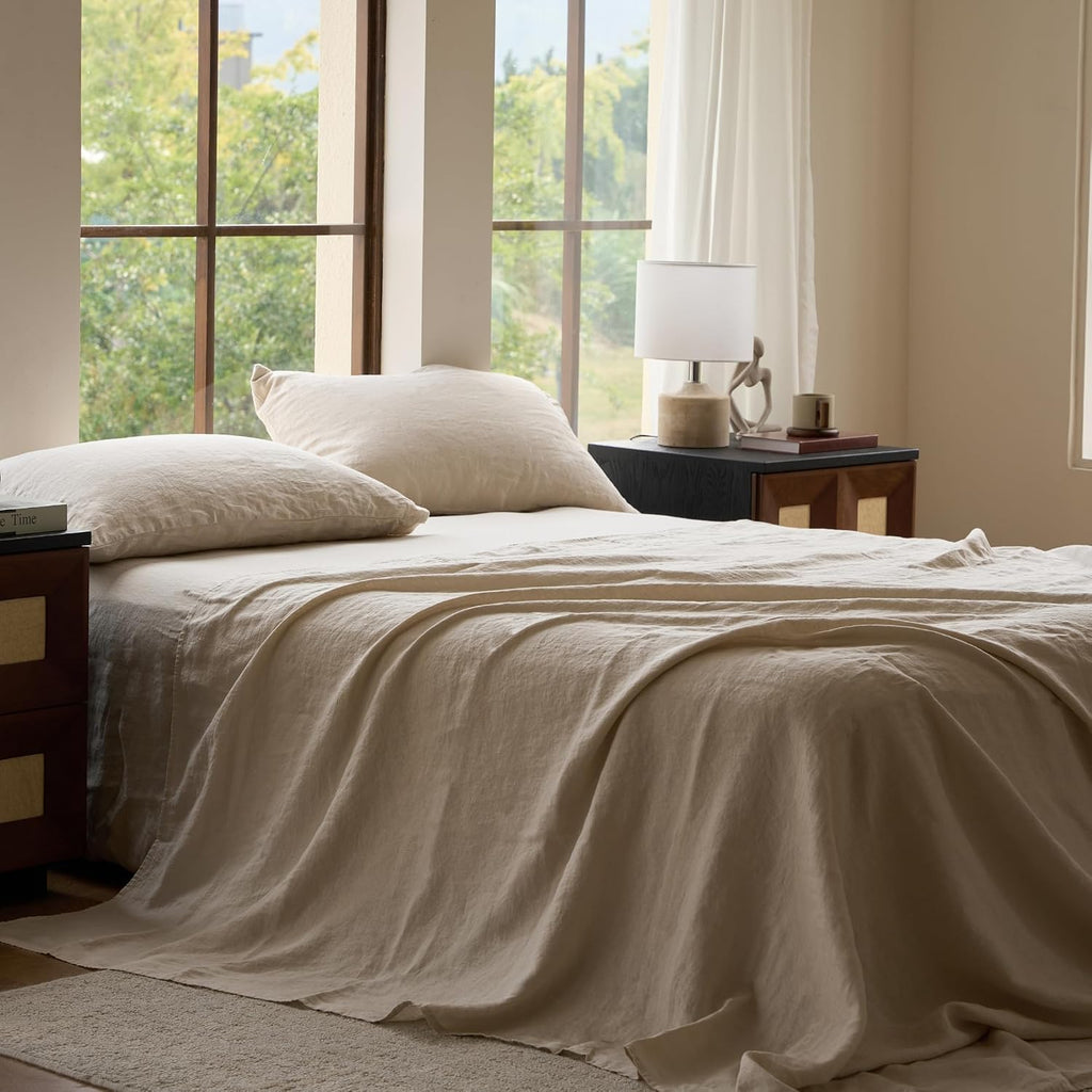 Sijo Stone Washed Organic French Linen Bed Sheet Set, GOTS Certified Organic, Best Cooling Linen Sheet Award by Sleep Foundation, 4 Piece - 2 Pillowcases, 1 Fitted and 1 Flat (Classic, Queen)