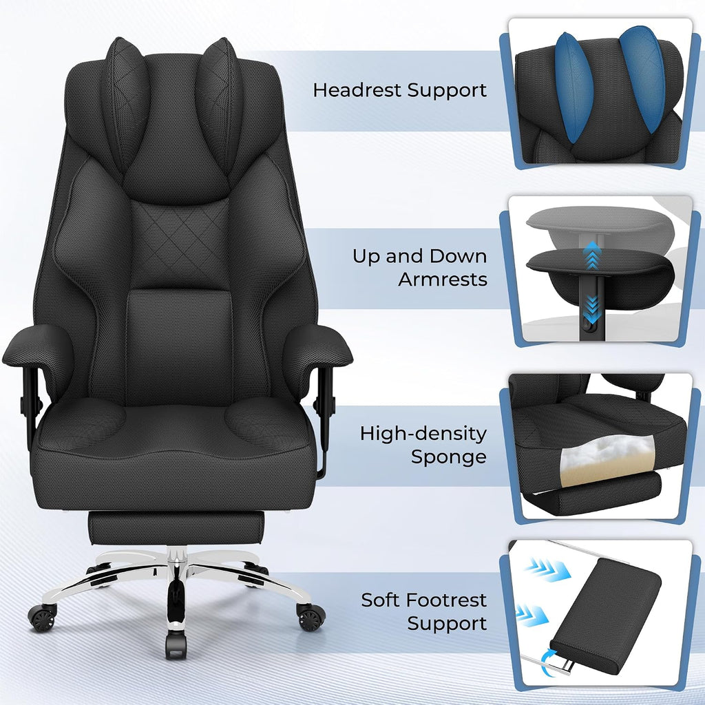 Homall Big and Tall Massage Office Chair,Reclining High Back Ergonomic Home Office Desk Chair with Adjustable Padded Armrest and Foot Rest (Mesh, Black)