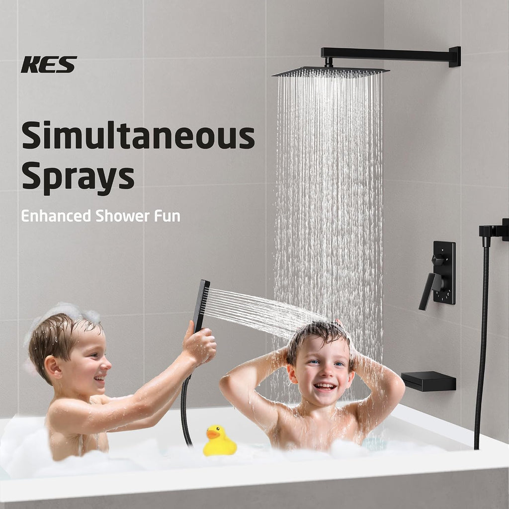 KES Shower System with Tub Spout, Matte Black Shower Faucet Set Complete 10 Inch Rain Shower Head with Handheld Spray and Waterfall Bathtub, cUPC Pressure Balance Shower Valve Trim Kit, XB6305F18-BK