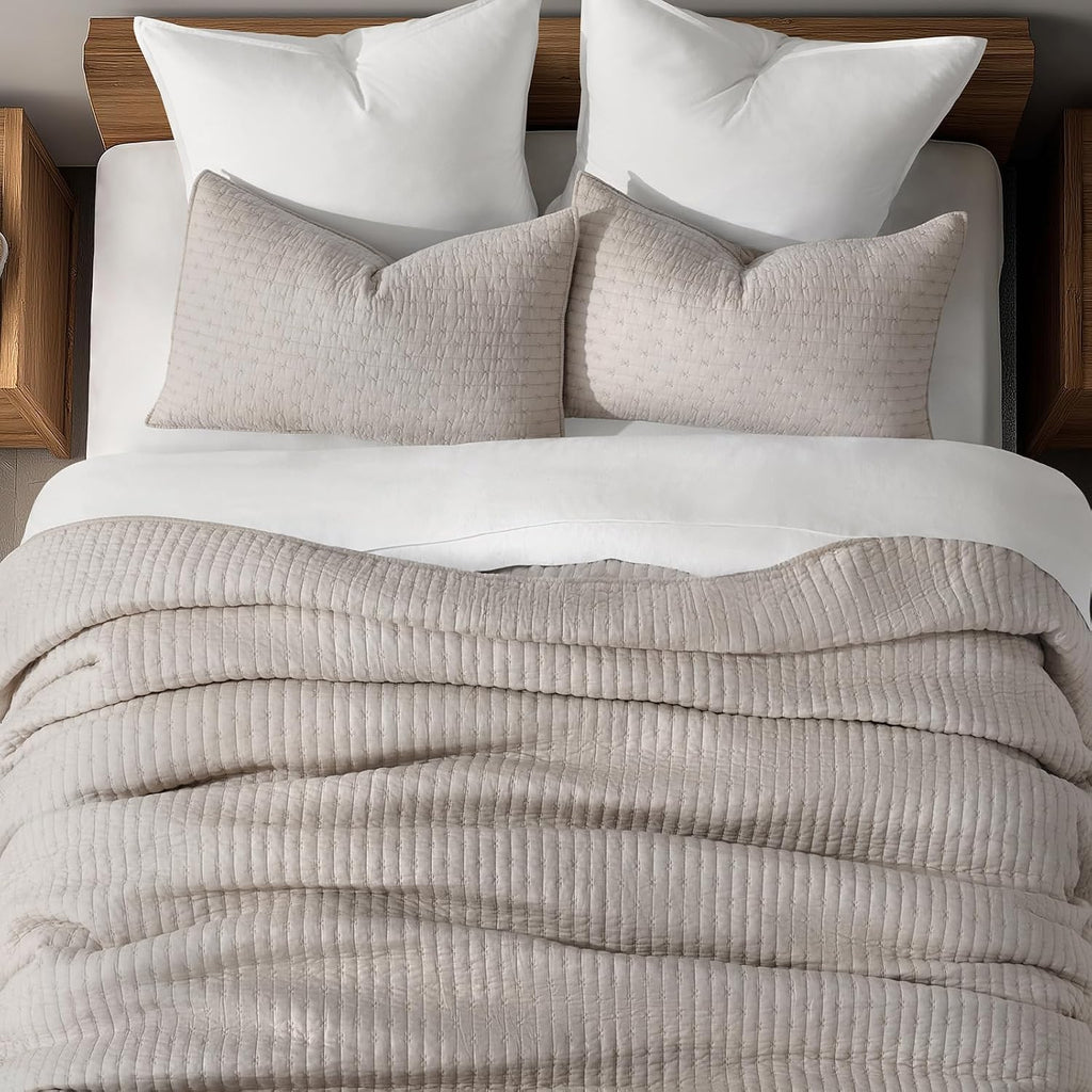 EVERGRACE Cross Stitch Pre-Washed Cotton Quilt Bedding Set Queen Size, Oversized 3 Pieces Lightweight Bedspread Coverlet for All Season, with 2 Matching Shams, Taupe, 92'x96'