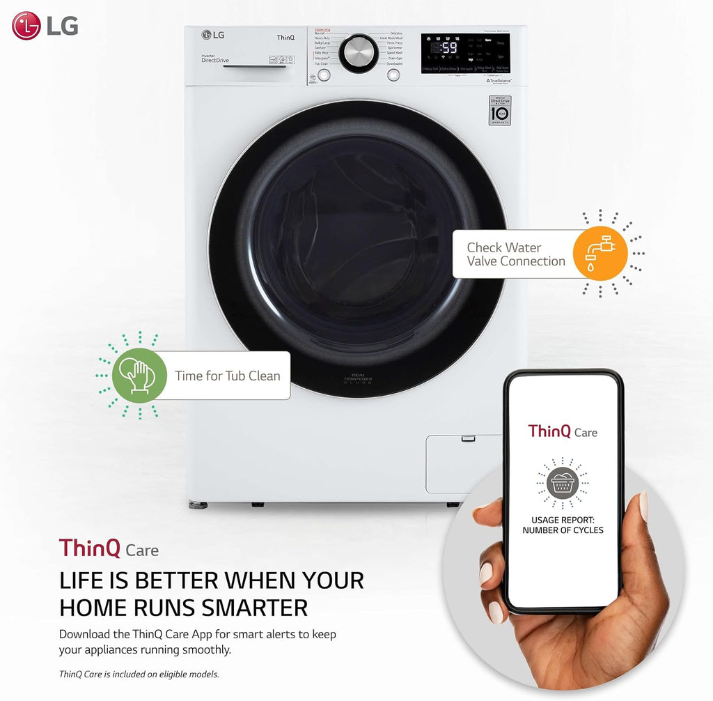 LG 24 in. Wide 2.4 Cu. Ft. Compact Stackable Front-Load Washer – White, Steam Cleaning, AI Fabric Sensor, Smart Pairing Compatible